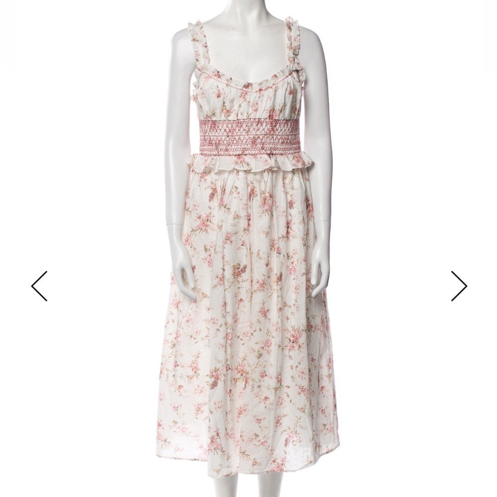 Christian Lacroix White Pink Floral Print Ruffle Sleeveless Midi Length Dress L